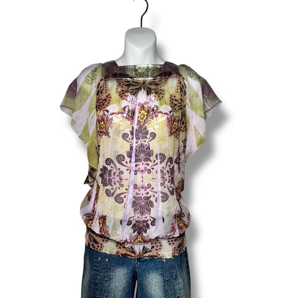 One World Sheer Butterfly Purple Pink Tunic Top – Size L‎ – Whimsygoth Boho Y2K